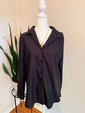 Raisin Black Button Down Shirt Long Sleeve Relaxed Fit Office Blouse Large